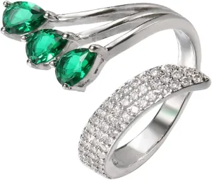 Dtja Layered Green CZ Wedding Ring for Women Silver Plated Peacock Wing Statement Stacking Open Wrap Finger Rings Comfort Fit Fashion Delicate Birthday Christmas Party Jewelry Gift for Her