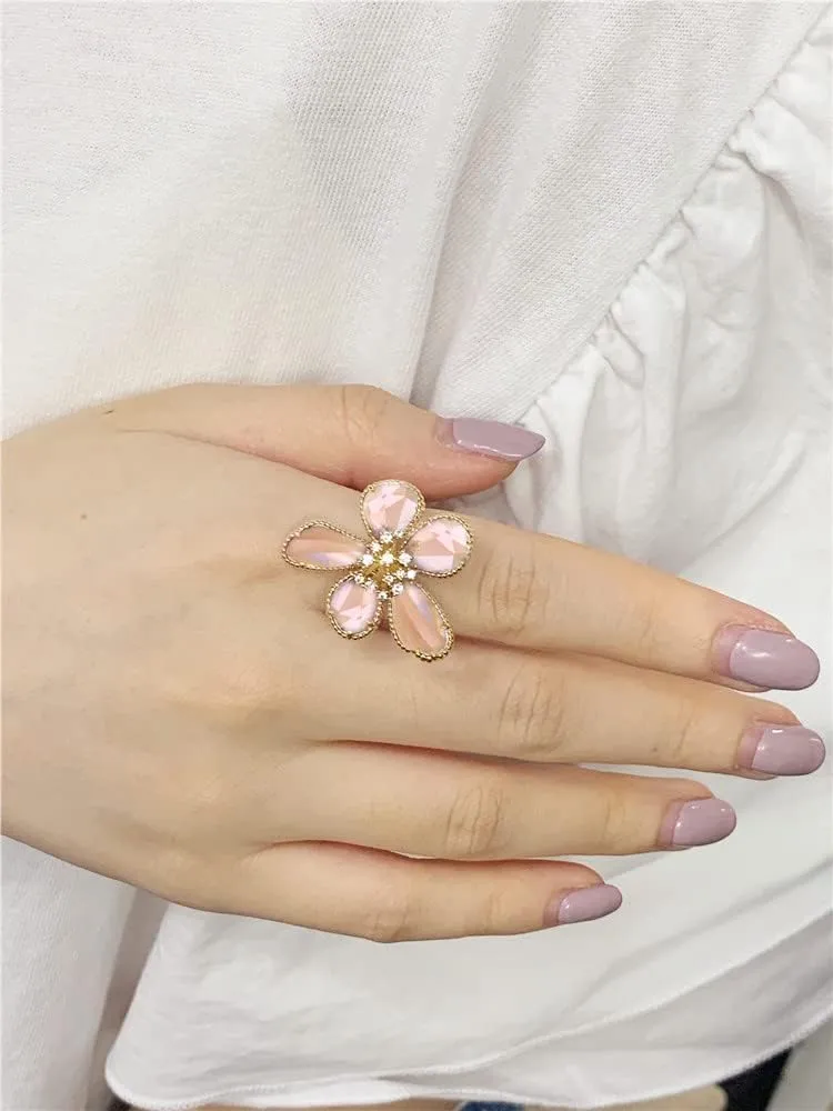 Dtja Shiny Crystal Flower Statement Ring for Women Girls Gold Plated Bling CZ Delicate Lightweight Adjustable Expandable Open Wrap Finger Rings Comfort Fit Boho Y2K Jewelry Wedding Birthday Christmas