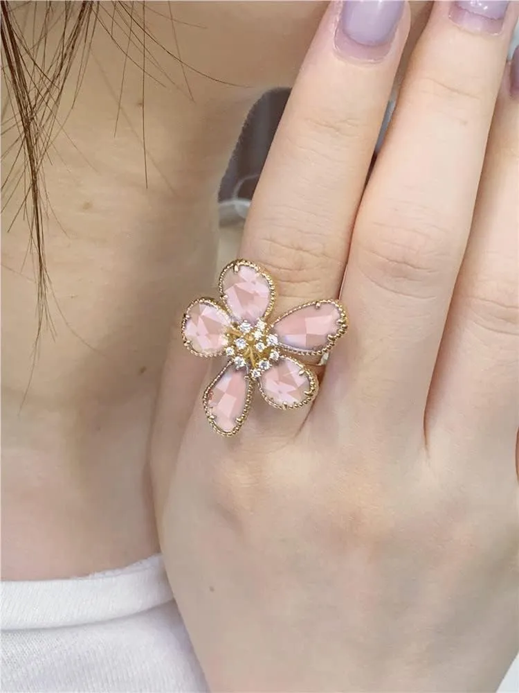 Dtja Shiny Crystal Flower Statement Ring for Women Girls Gold Plated Bling CZ Delicate Lightweight Adjustable Expandable Open Wrap Finger Rings Comfort Fit Boho Y2K Jewelry Wedding Birthday Christmas