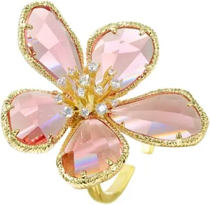 Dtja Shiny Crystal Flower Statement Ring for Women Girls Gold Plated Bling CZ Delicate Lightweight Adjustable Expandable Open Wrap Finger Rings Comfort Fit Boho Y2K Jewelry Wedding Birthday Christmas