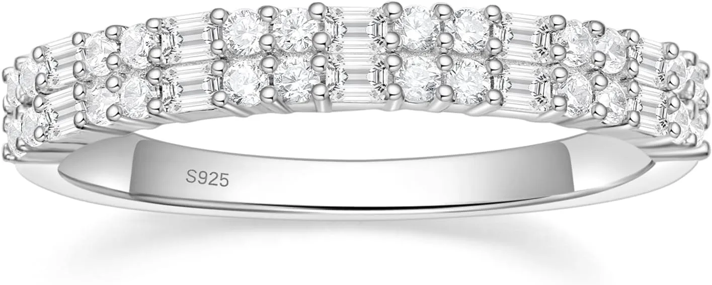 EAMTI 925 Sterling Silver Wedding Bands for Women Baguette Round Cubic Zirconia Stackable Promise Rings for Her Size 4-10
