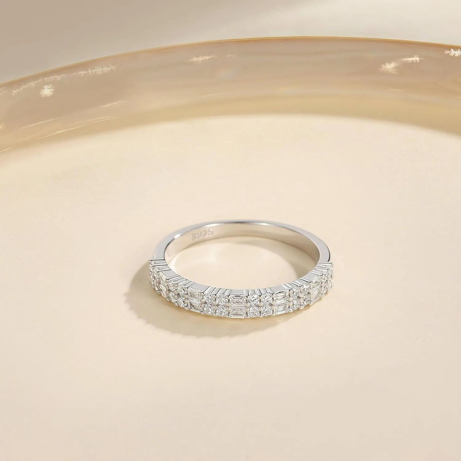 EAMTI 925 Sterling Silver Wedding Bands for Women Baguette Round Cubic Zirconia Stackable Promise Rings for Her Size 4-10