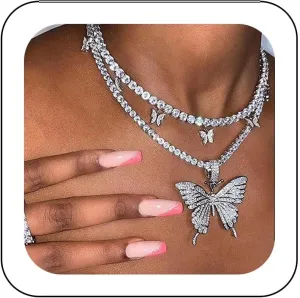 EARENT Layered Rhinestone Butterfly Pendant Necklace Jewelry Silver Sparkly Crystal Prom Choker Necklaces Chain for Women (B-2 layer necklace)