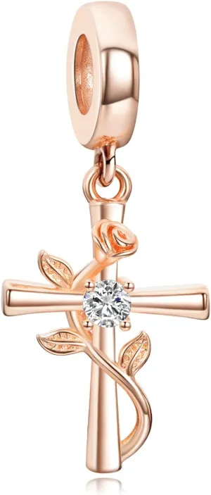 Easter Cross Charms with Flower, Pandora Bracelets and Necklaces Religious Charm for Christian, 925 Sterling Silver Dangle Pendant Charms with Cubic Zirconia, Jewelry Gifts, Women