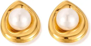 Elegant Geometric Pearl Stud Earrings For Women Hypoallergenic 18k Gold Plated Trendy Chunky White Oval Pearl Statement Wedding Earring Unique Charm Jewelry Gifts Holiday Birthday For Her