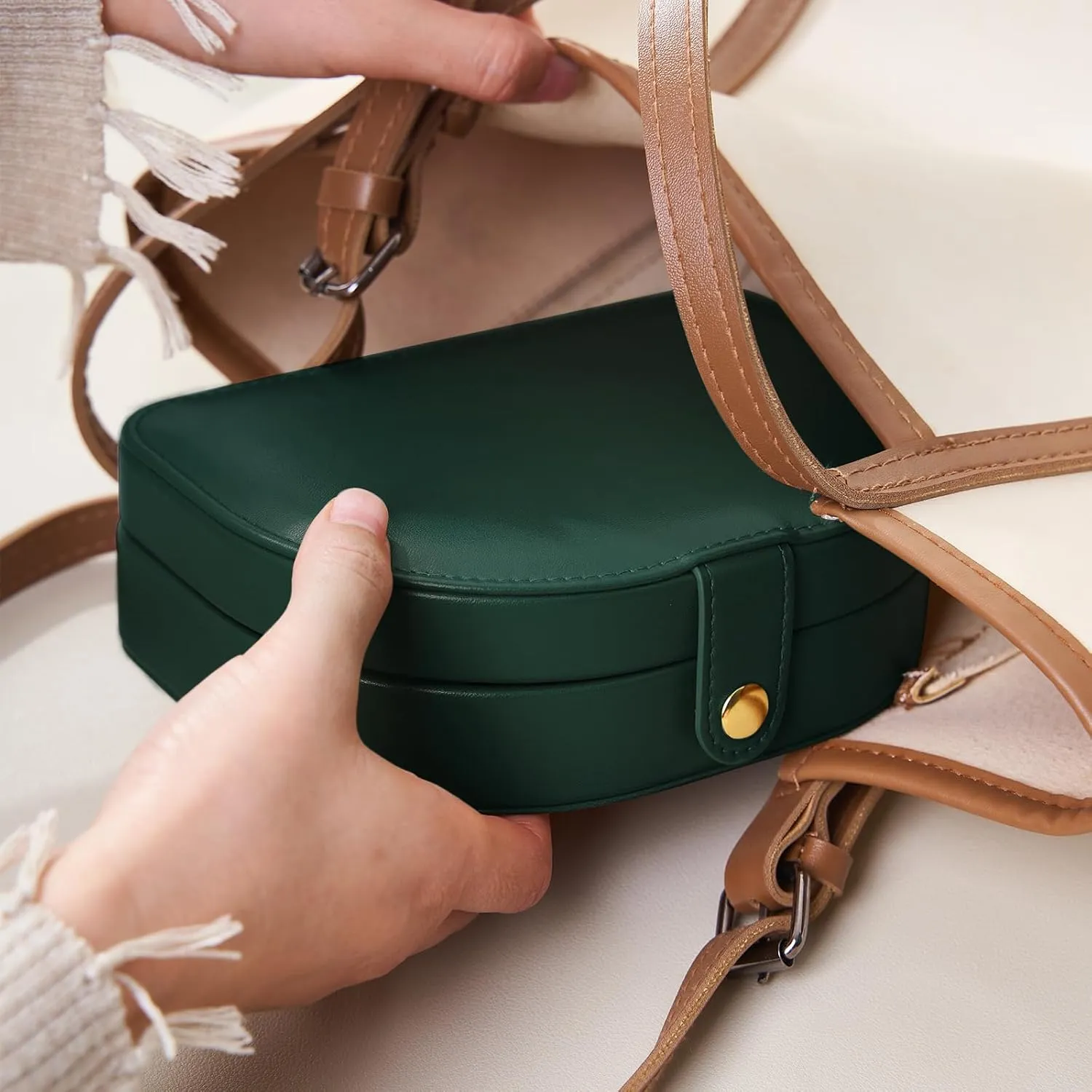 Emerald Green Jewelry Box for Women & Girls - 2 Layer Portable Travel Jewelry Organizer Small, PU Leather Waterproof, Travel Accessories for Necklaces, Earrings, Rings