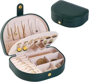 Emerald Green Jewelry Box for Women & Girls - 2 Layer Portable Travel Jewelry Organizer Small, PU Leather Waterproof, Travel Accessories for Necklaces, Earrings, Rings