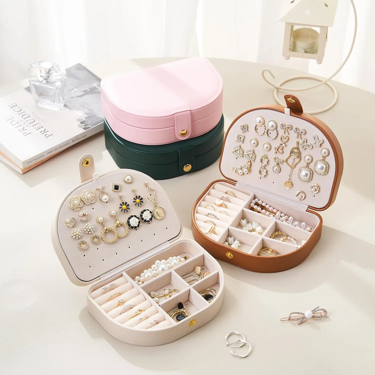 Emerald Green Jewelry Box for Women & Girls - 2 Layer Portable Travel Jewelry Organizer Small, PU Leather Waterproof, Travel Accessories for Necklaces, Earrings, Rings