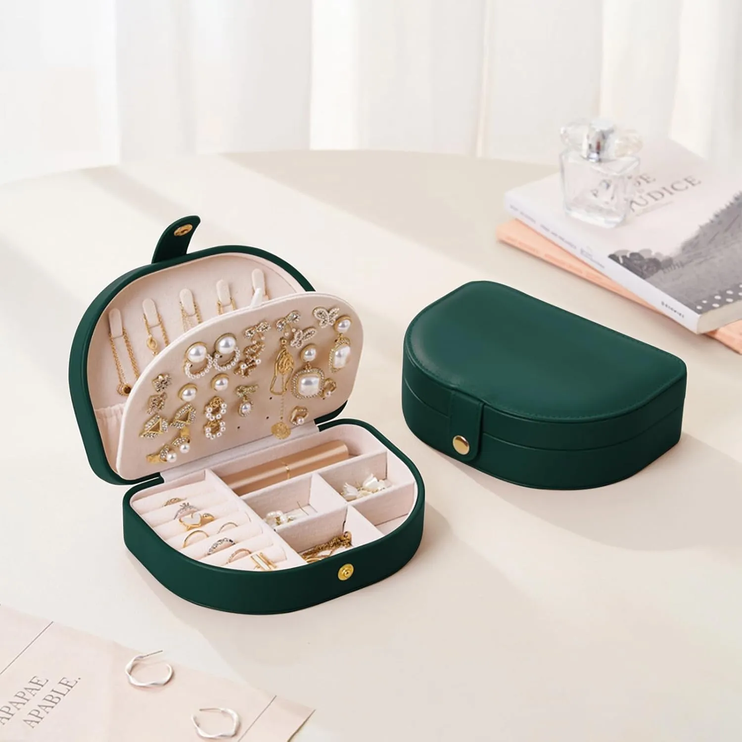 Emerald Green Jewelry Box for Women & Girls - 2 Layer Portable Travel Jewelry Organizer Small, PU Leather Waterproof, Travel Accessories for Necklaces, Earrings, Rings