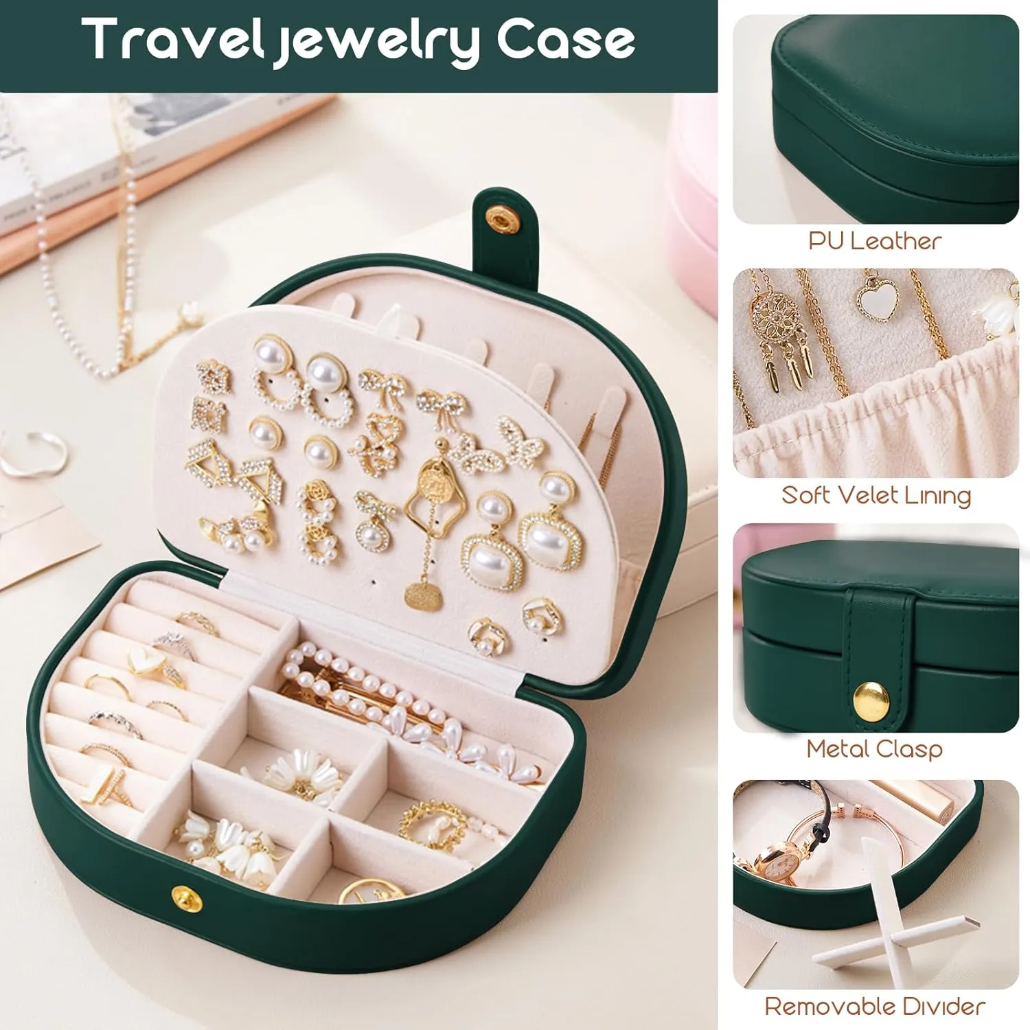 Emerald Green Jewelry Box for Women & Girls - 2 Layer Portable Travel Jewelry Organizer Small, PU Leather Waterproof, Travel Accessories for Necklaces, Earrings, Rings