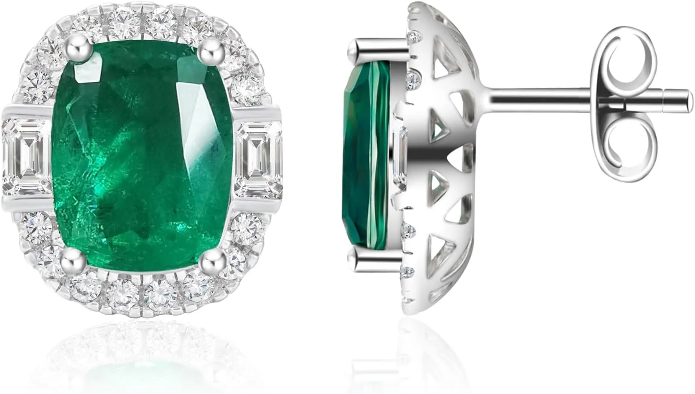 Emerald Green Jewelry Sets for Women White Gold Plated Cushion Cut Halo Style Green Stud Earrings and Necklaces, Silver and Green Jewelry Set for Wedding Prom, Anniversary