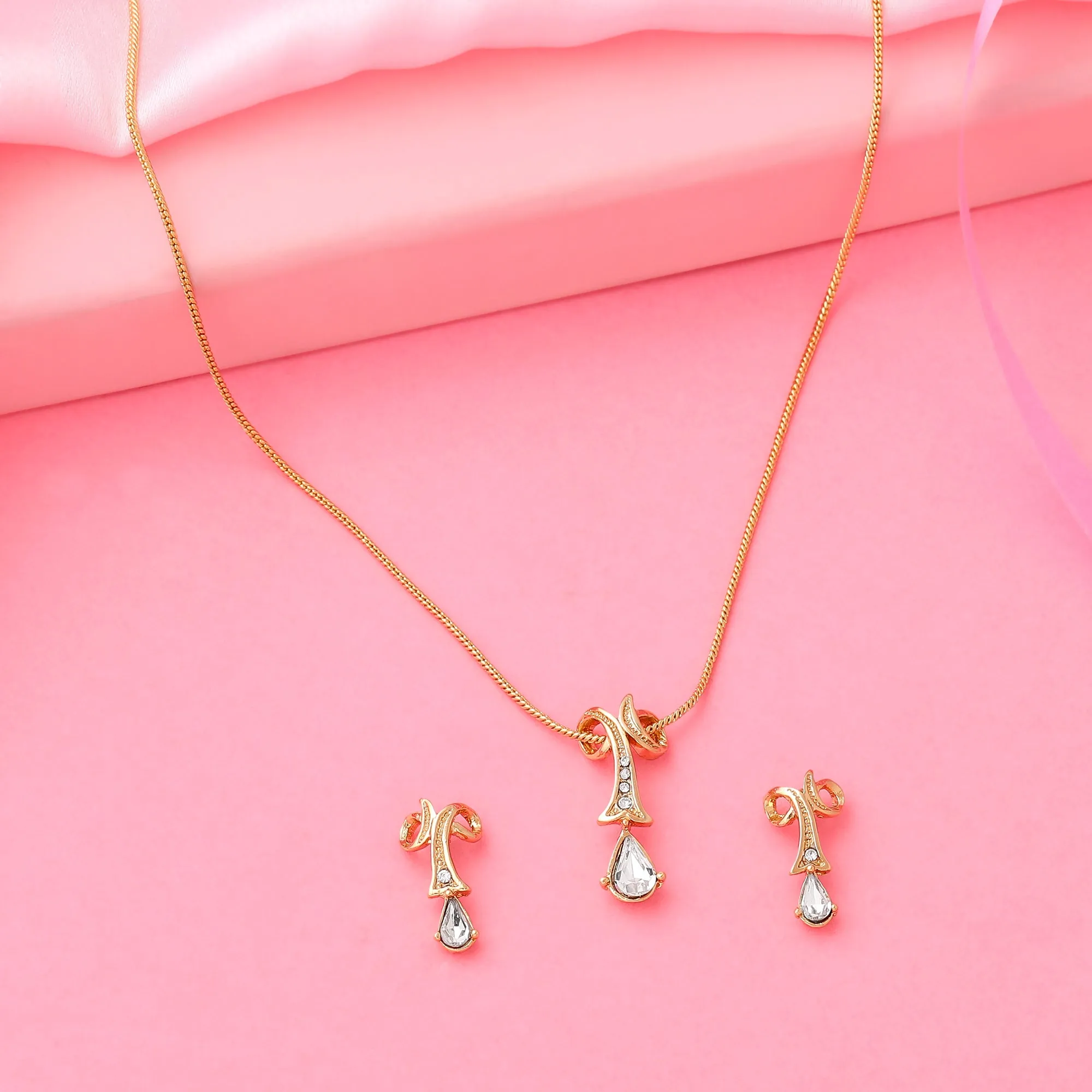 Estele 24 Kt Gold Plated Twisted Drop with Fancy Austrian Crystal Pendant Set for Women