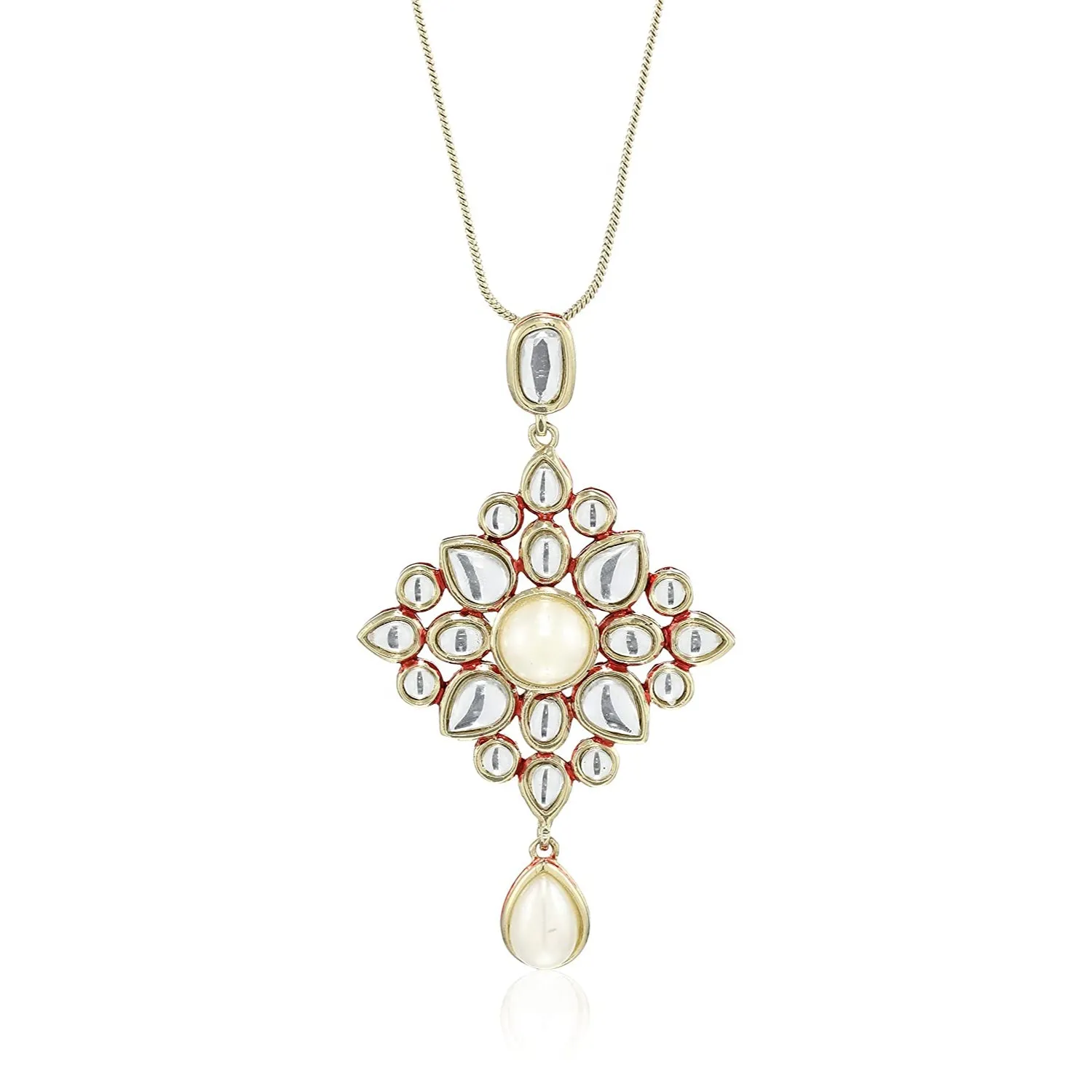 Estele Gold Plated Elegant White Polki Kundan Pendant with Pearl for Women / Girls
