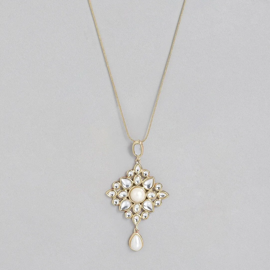 Estele Gold Plated Elegant White Polki Kundan Pendant with Pearl for Women / Girls