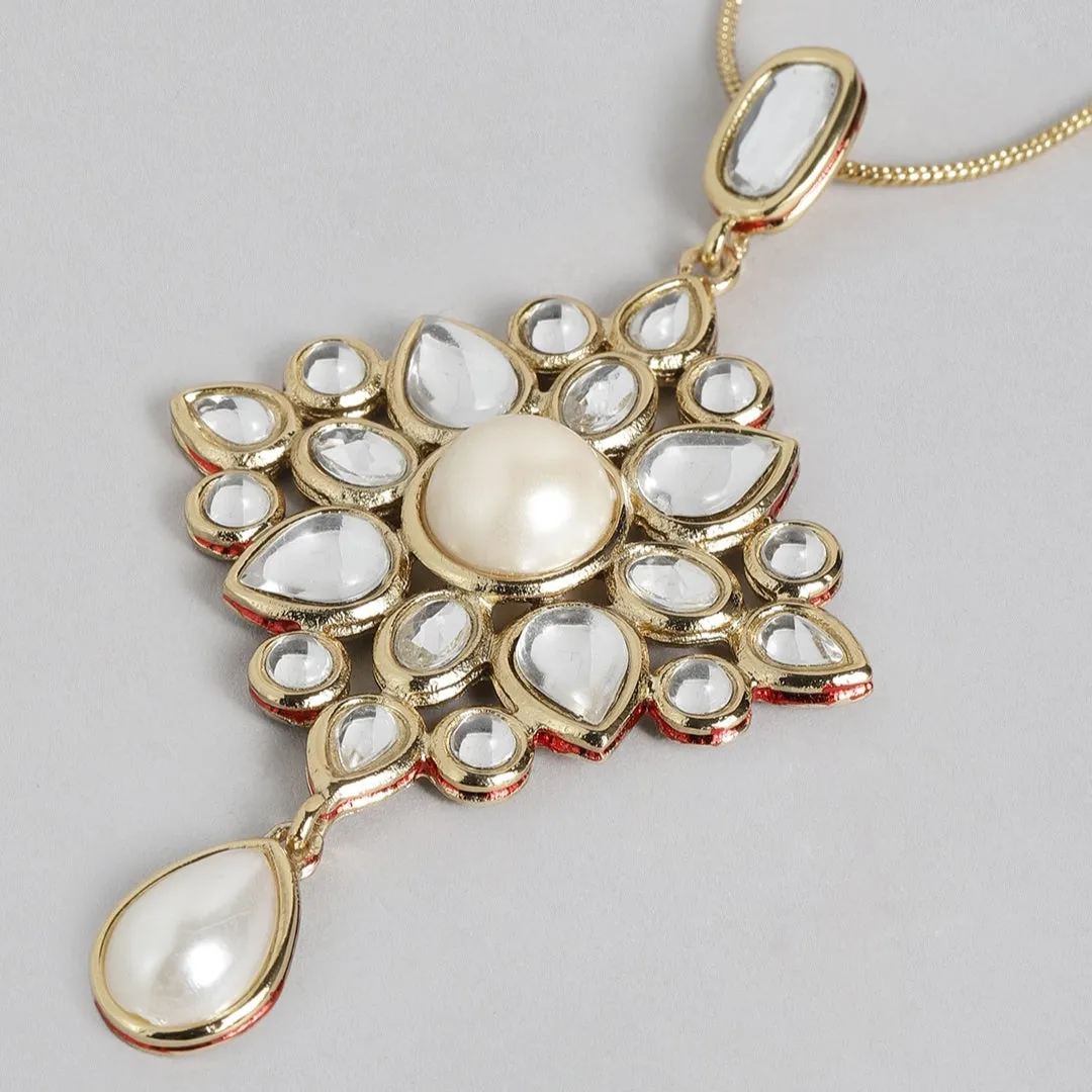 Estele Gold Plated Elegant White Polki Kundan Pendant with Pearl for Women / Girls