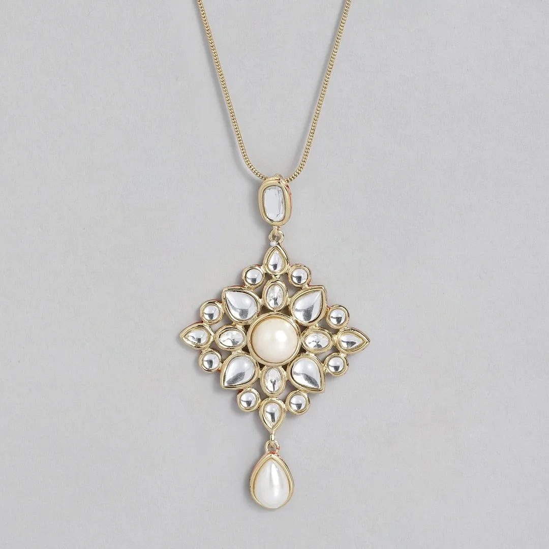 Estele Gold Plated Elegant White Polki Kundan Pendant with Pearl for Women / Girls
