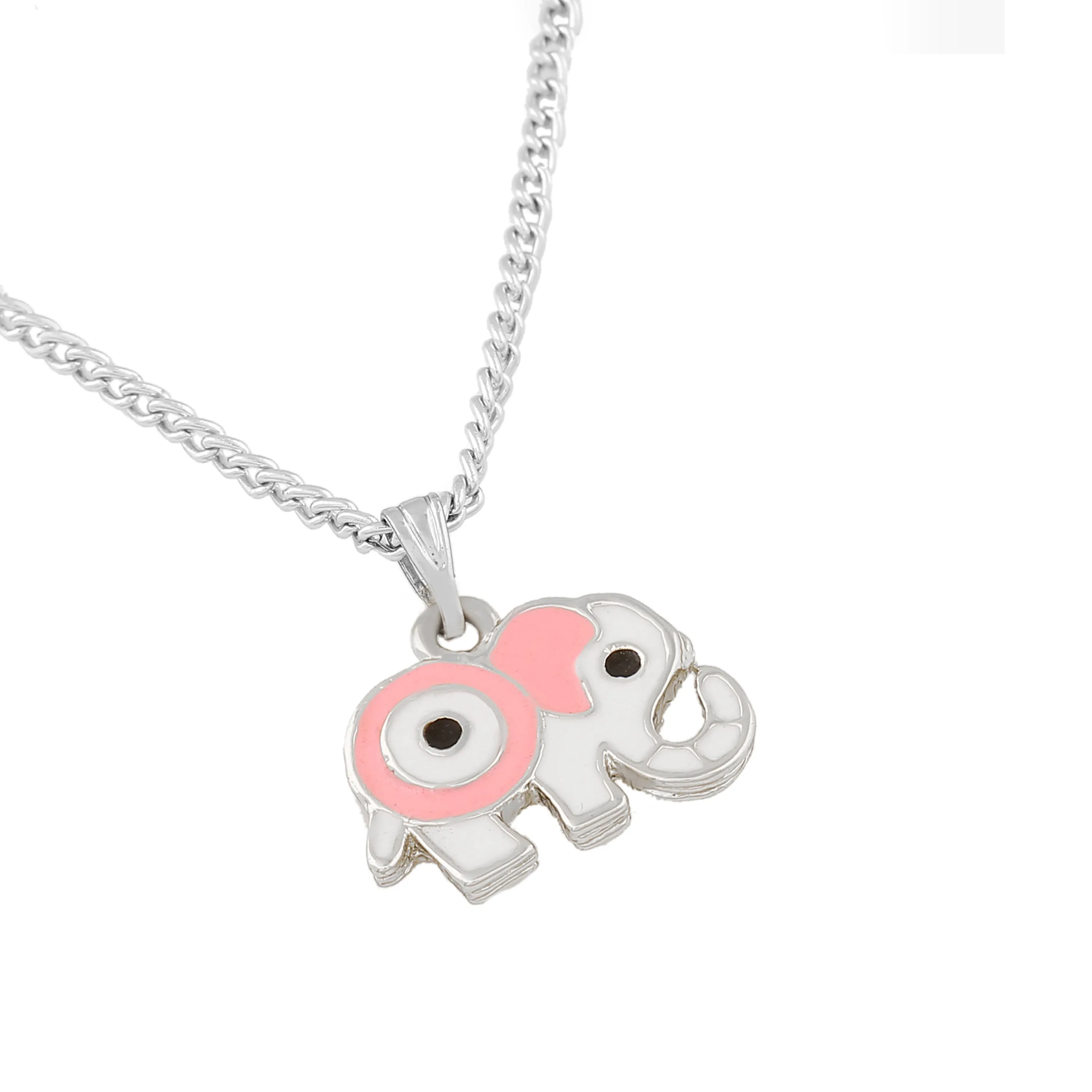 Estele Rhodium Plated Elephant Designer Evil Eye Charm Pendant with Pink & White Enamel for Girls/Women