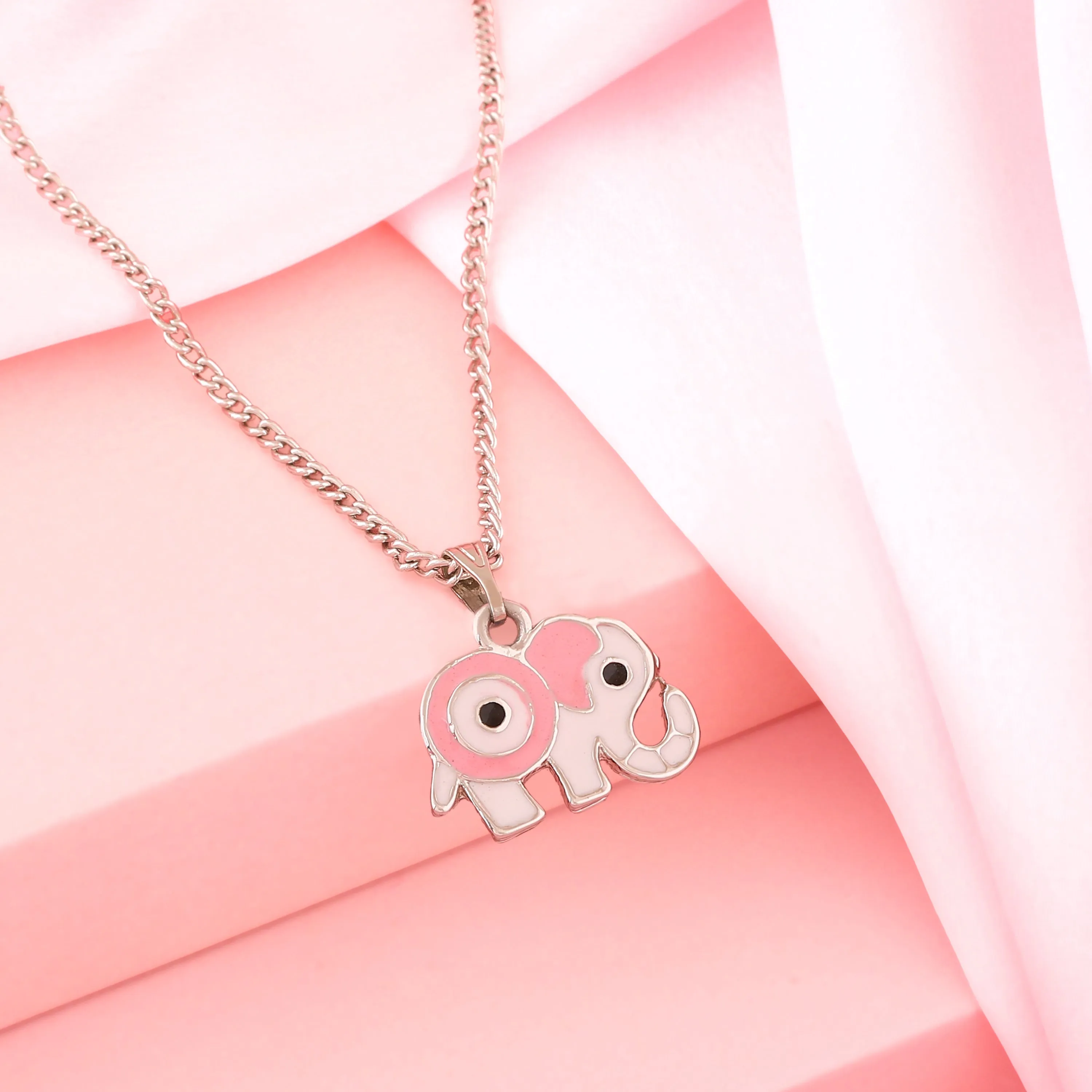 Estele Rhodium Plated Elephant Designer Evil Eye Charm Pendant with Pink & White Enamel for Girls/Women