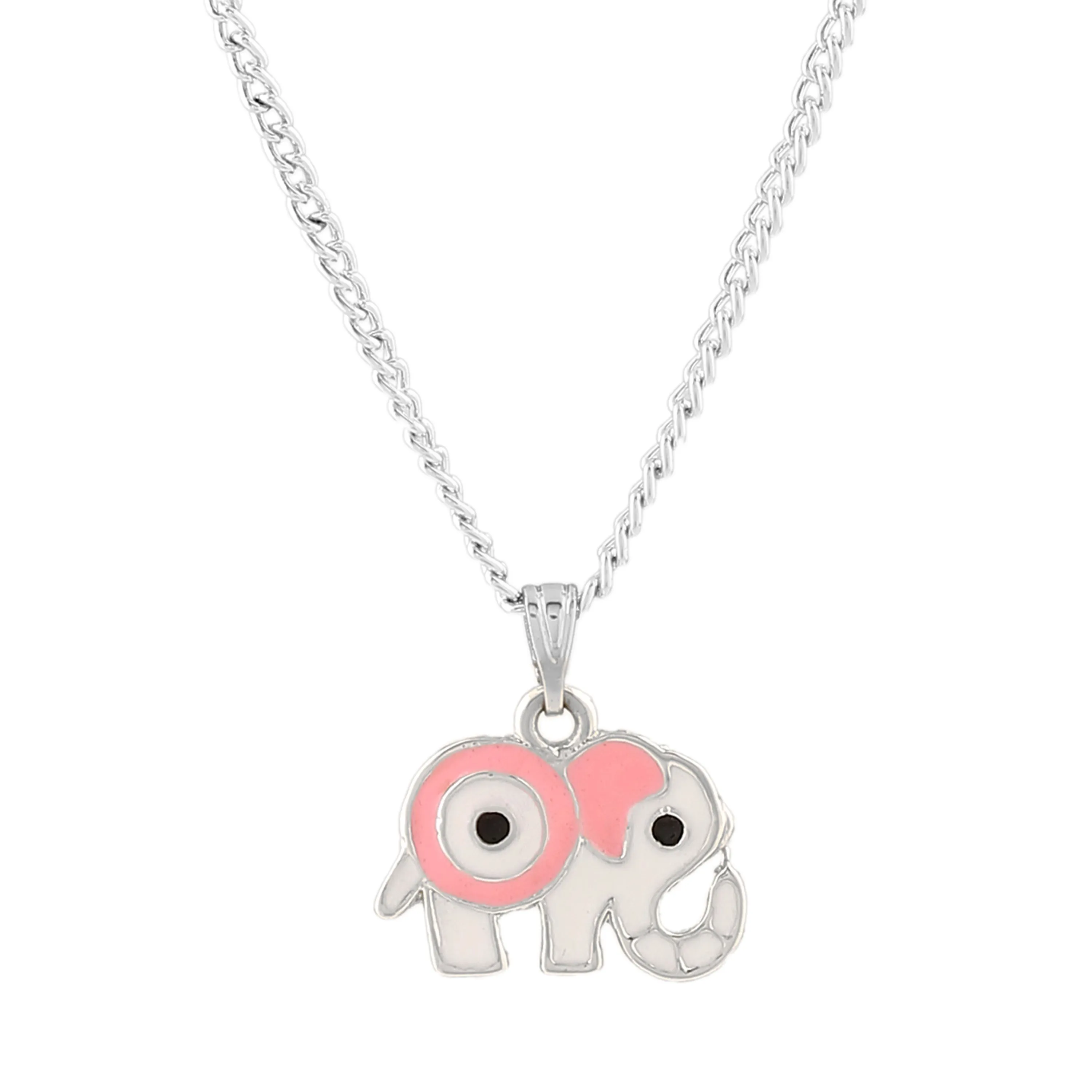 Estele Rhodium Plated Elephant Designer Evil Eye Charm Pendant with Pink & White Enamel for Girls/Women