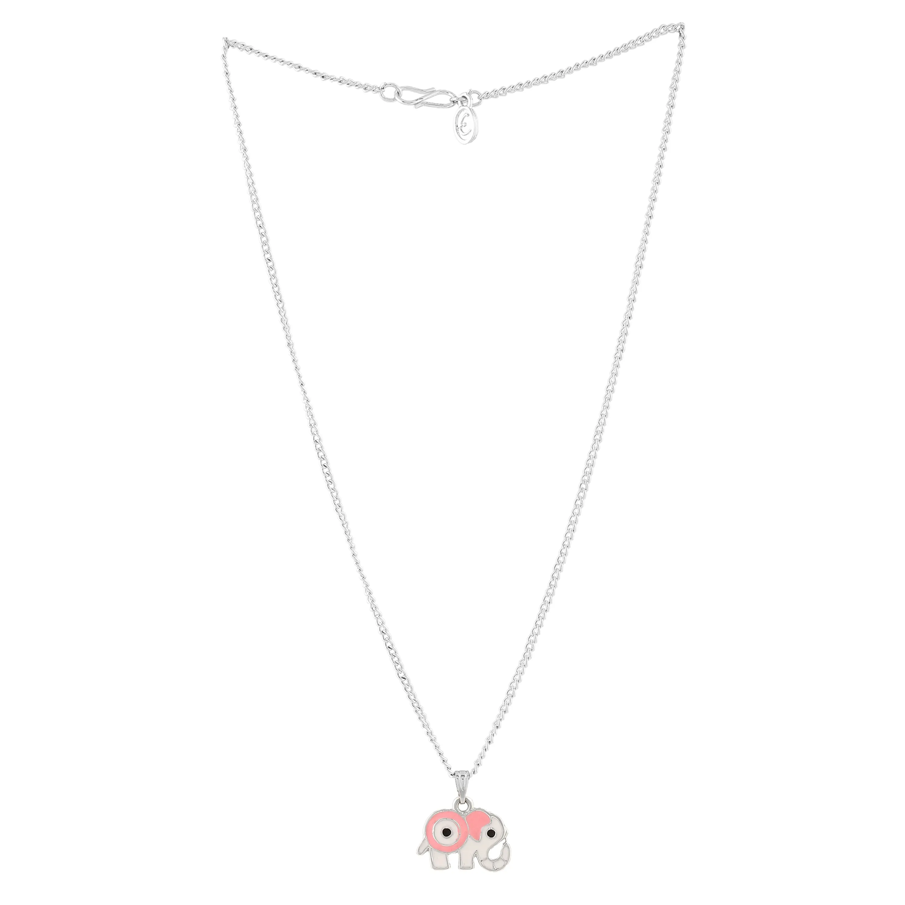 Estele Rhodium Plated Elephant Designer Evil Eye Charm Pendant with Pink & White Enamel for Girls/Women
