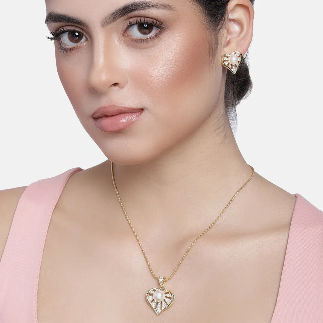 ESTELE - Valentine Special - Stylish 24CT gold plated Pearl Heart Pendant Set for Women