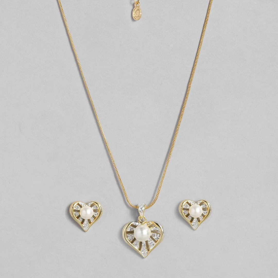 ESTELE - Valentine Special - Stylish 24CT gold plated Pearl Heart Pendant Set for Women