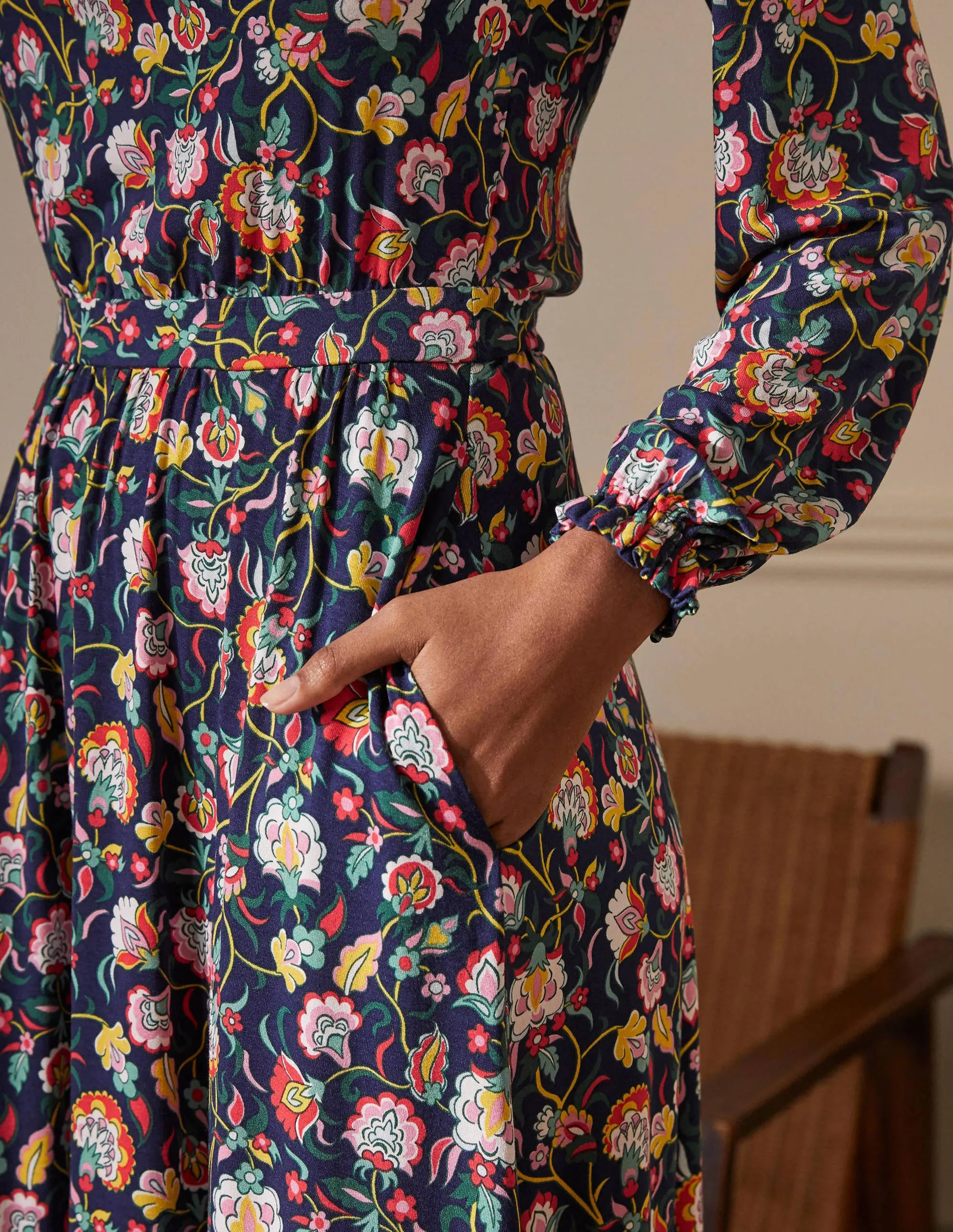 Evelyn Jersey Midi Dress-French Navy, Opulent Floral