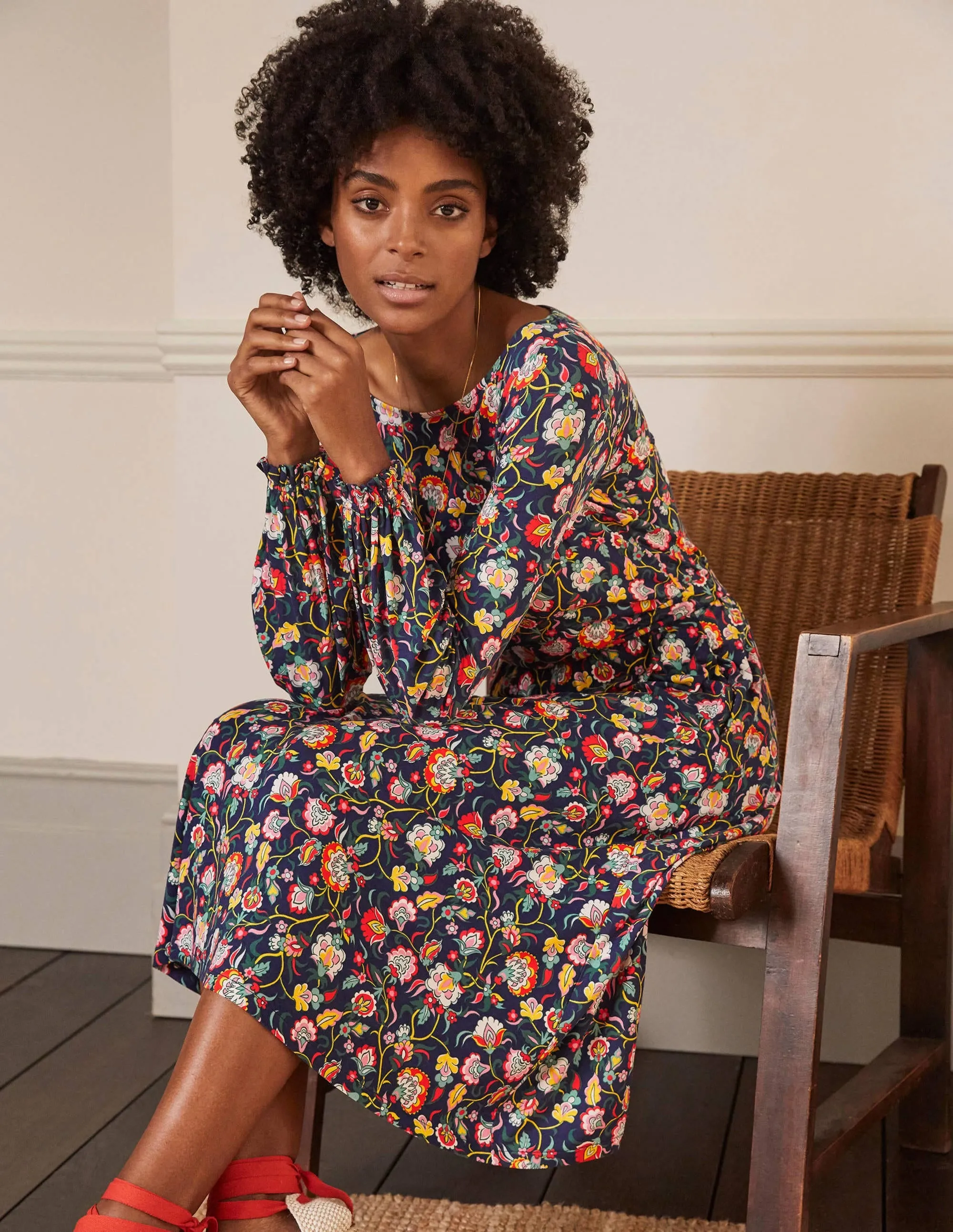 Evelyn Jersey Midi Dress-French Navy, Opulent Floral