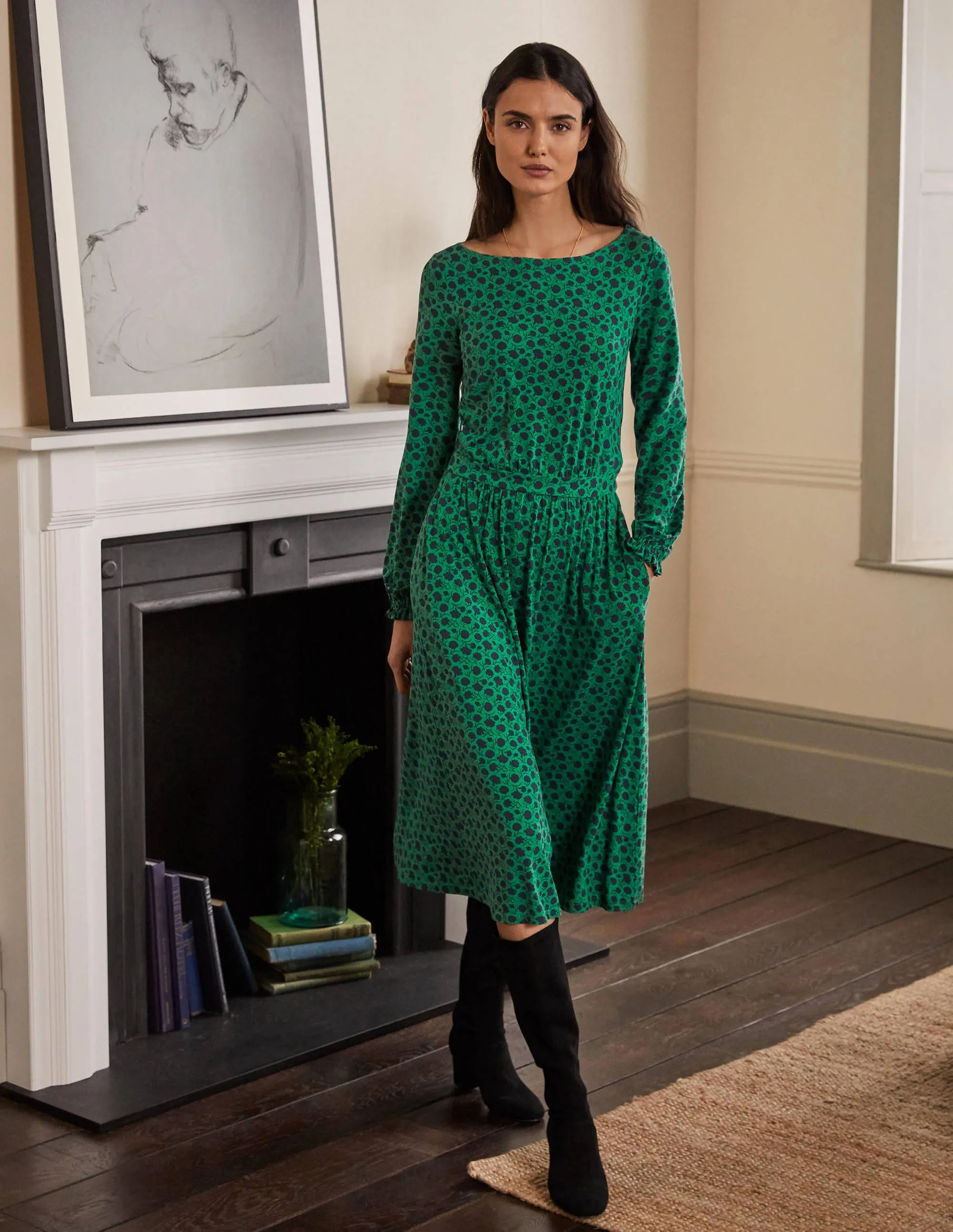 Evelyn Jersey Midi Dress-Sapling, Leafy Bud