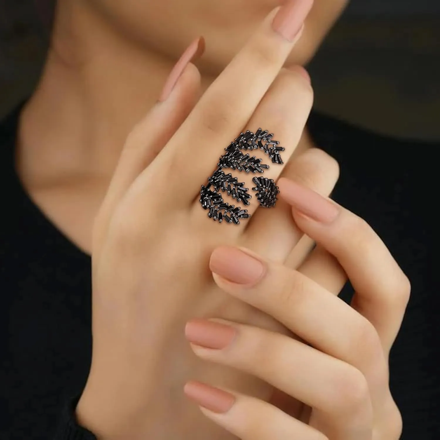 EVER FAITH Fashion Cocktail Statement Rings Black Cubic Zirconia Gothic Crystal Costume Adjustable Ring for Party Prom Delicate Free Size Finger Jewelry Accessories for Women