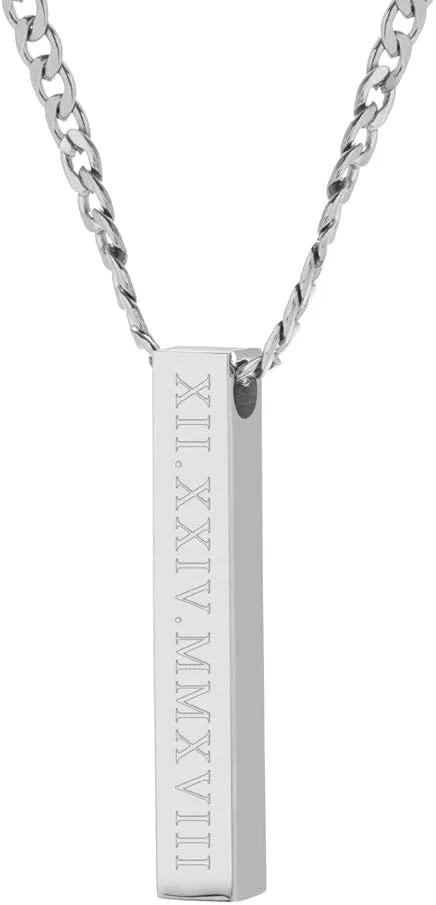 EVE'S ADDICTION Custom Engraved Men's Roman Numeral Stainless Steel Vertical Square Pendant, 20" long chain - Personalized Name & Date Pendant - Gift for Boyfriend - Couples Necklace - Gifts for Dad