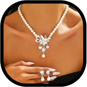 EVILD Pearl Wedding Jewelry Set Silver Rhinestone Necklace and Earrings Sets Flower Prom Bridal Necklaces Set for Women