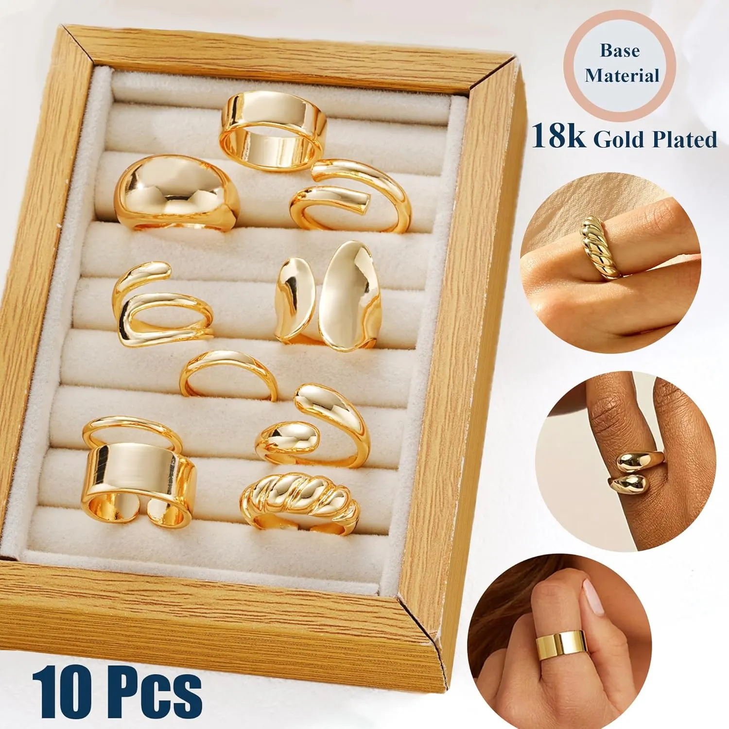 F ME 10 PCS Gold Rings Set for Women Non Tarnish, 18K Gold Plated Chunky Stackable Rings, Statement Stacking Womens Ring Pack