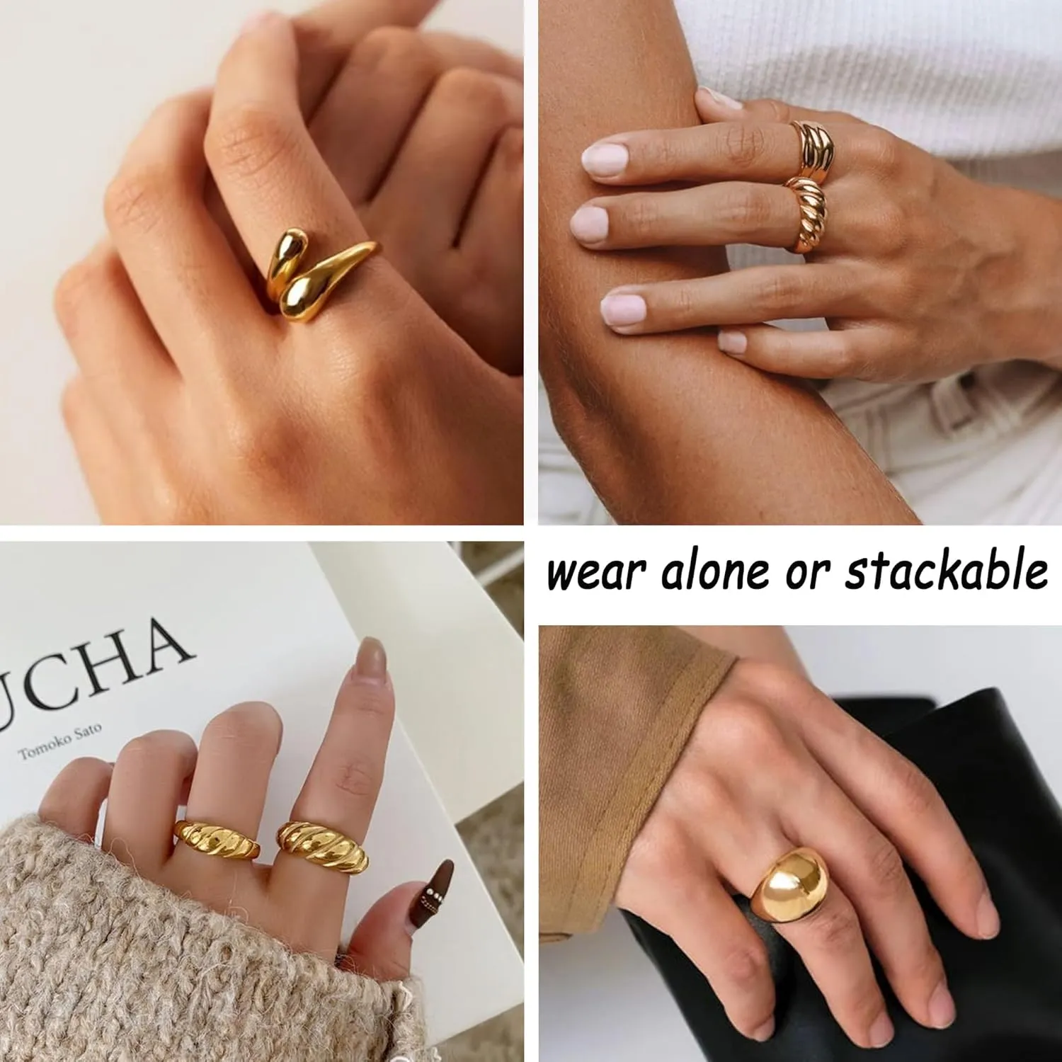 F ME 10 PCS Gold Rings Set for Women Non Tarnish, 18K Gold Plated Chunky Stackable Rings, Statement Stacking Womens Ring Pack
