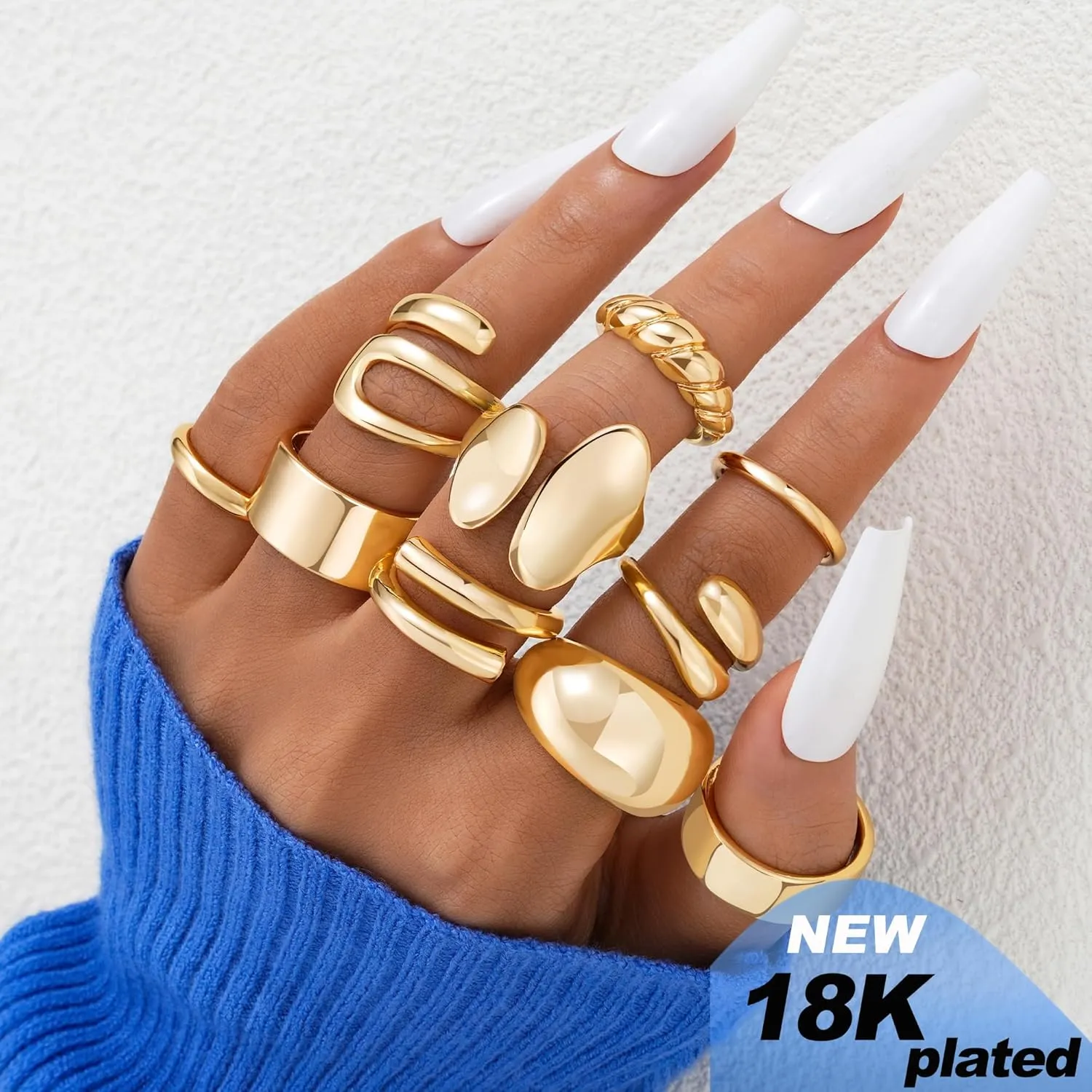 F ME 10 PCS Gold Rings Set for Women Non Tarnish, 18K Gold Plated Chunky Stackable Rings, Statement Stacking Womens Ring Pack