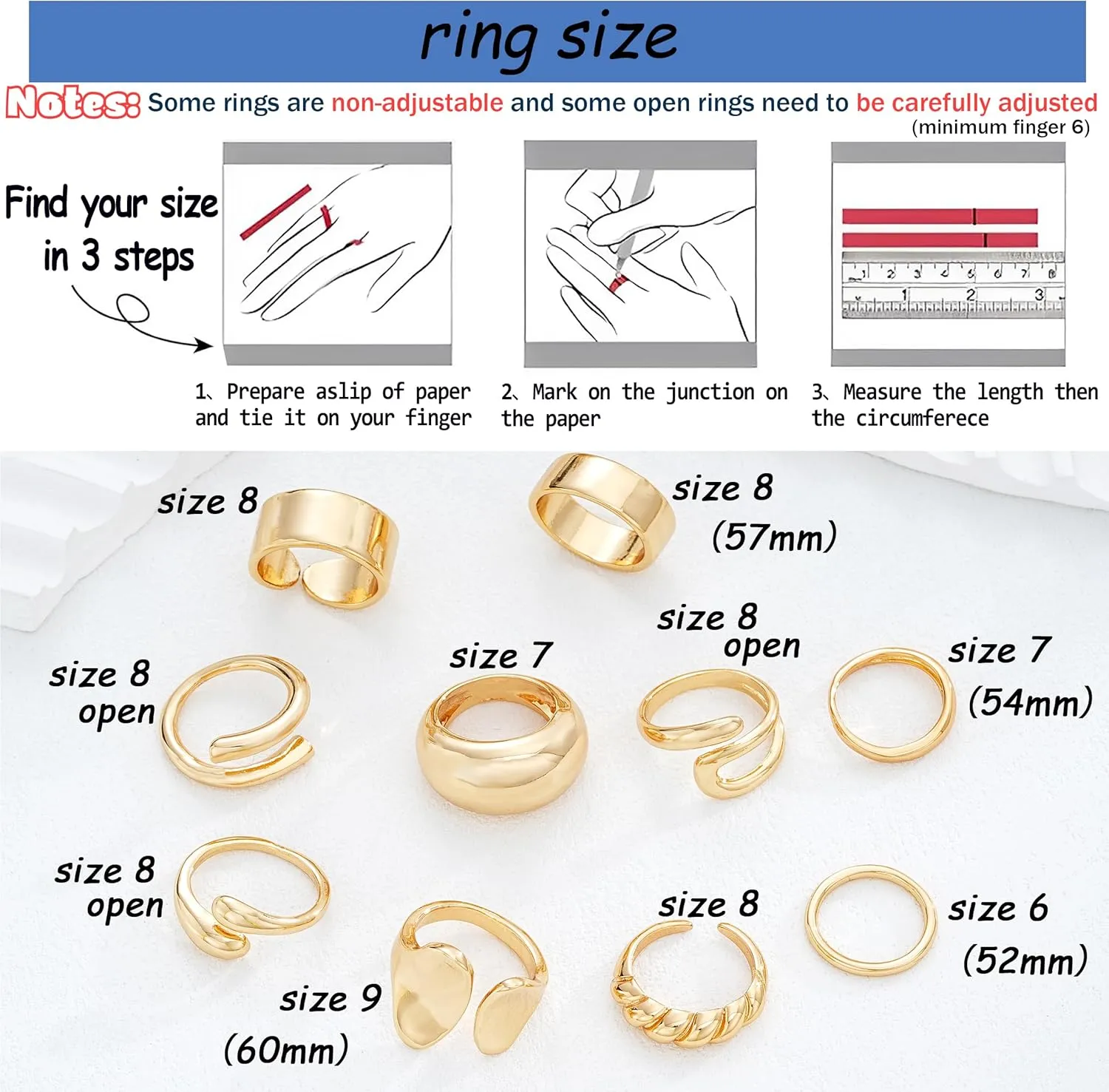 F ME 10 PCS Gold Rings Set for Women Non Tarnish, 18K Gold Plated Chunky Stackable Rings, Statement Stacking Womens Ring Pack