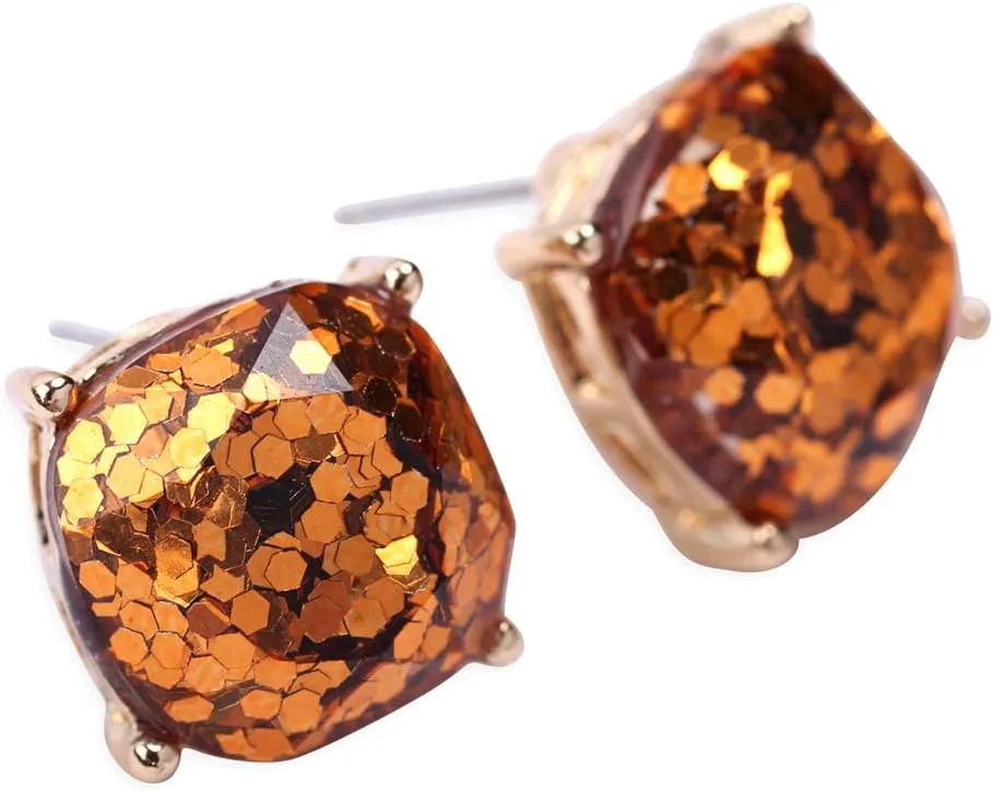 Faceted Jewel Statement Stud Earrings - Square Cushion Cut Sparkly Sequin Confetti Glitter, Opalescent Animal Leopard Print