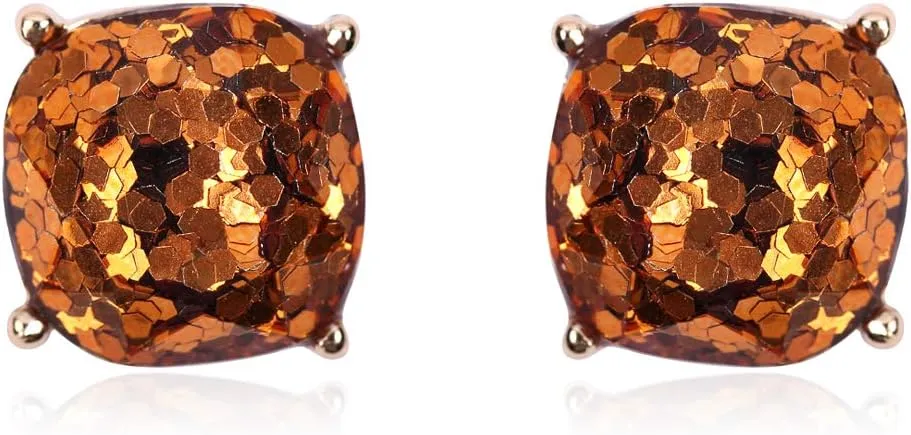 Faceted Jewel Statement Stud Earrings - Square Cushion Cut Sparkly Sequin Confetti Glitter, Opalescent Animal Leopard Print
