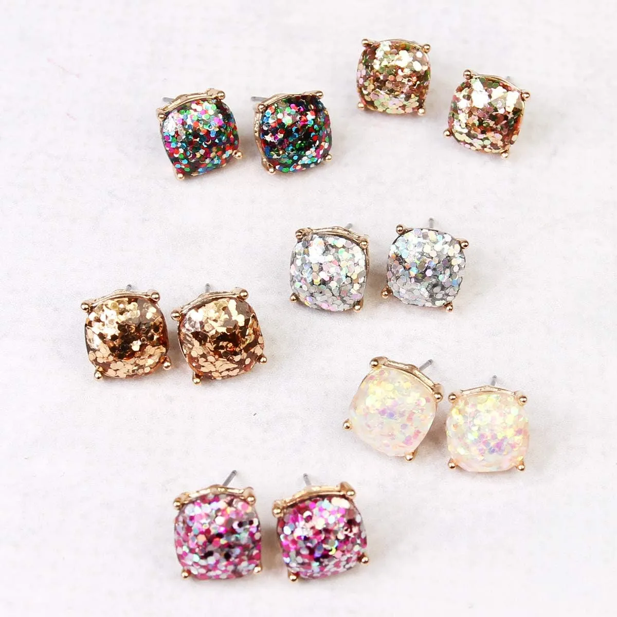 Faceted Jewel Statement Stud Earrings - Square Cushion Cut Sparkly Sequin Confetti Glitter, Opalescent Animal Leopard Print