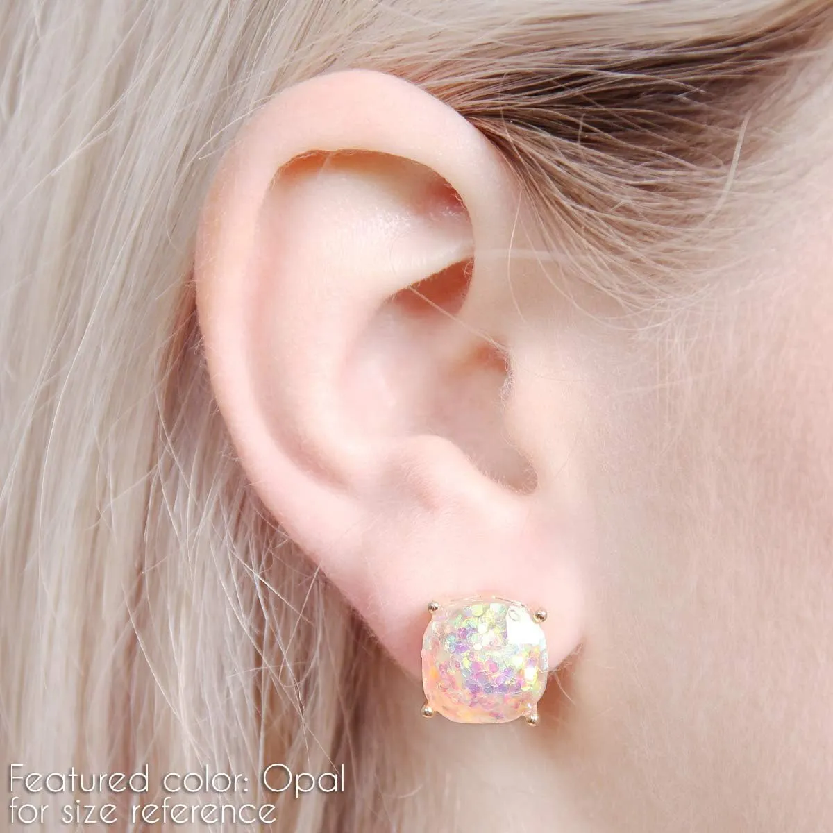 Faceted Jewel Statement Stud Earrings - Square Cushion Cut Sparkly Sequin Confetti Glitter, Opalescent Animal Leopard Print