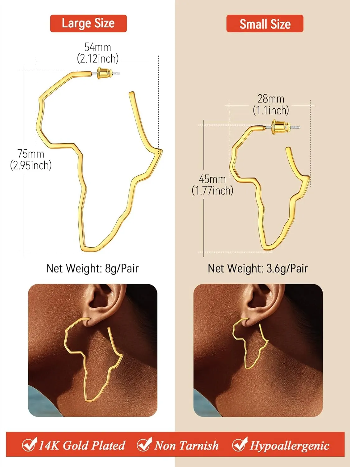 FaithHeart African Earrings for Women, 14K Gold Plated Stainless Steel Large Hoop Earrings Hypoallergenic Lightweight Huggie Hoops Womens Jewelry with Gift Box