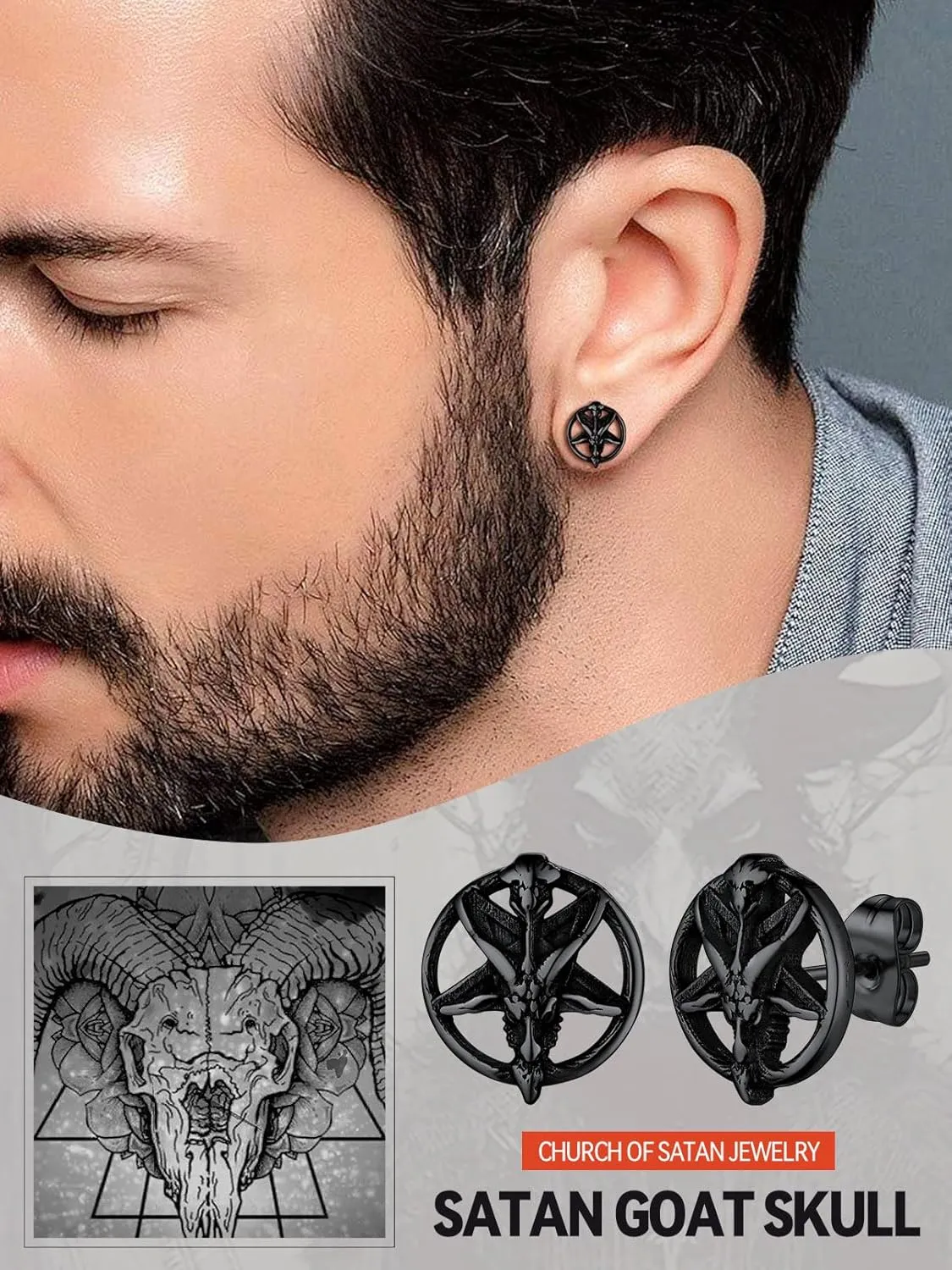FaithHeart Black Satan Stud Earrings for Men Baphomet/Skull/Leviathan/Lucifer Earrings Stainless Steel Lightweight Earrings Gothic Punk Satanic Jewelry