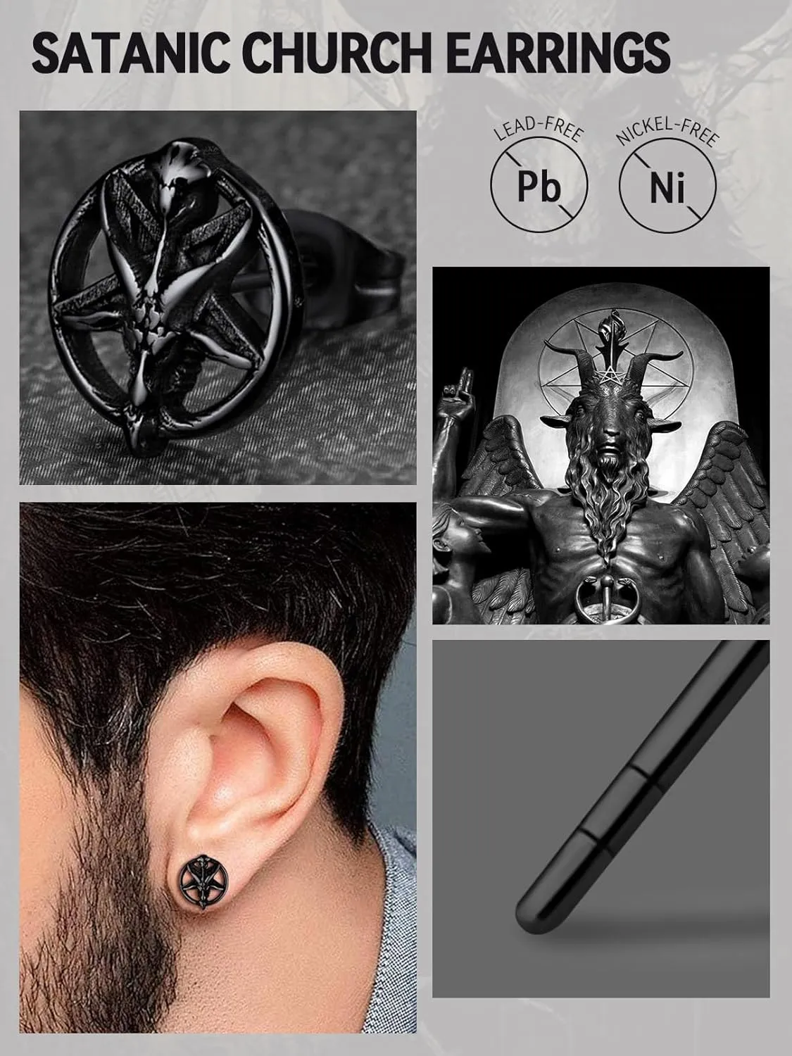 FaithHeart Black Satan Stud Earrings for Men Baphomet/Skull/Leviathan/Lucifer Earrings Stainless Steel Lightweight Earrings Gothic Punk Satanic Jewelry