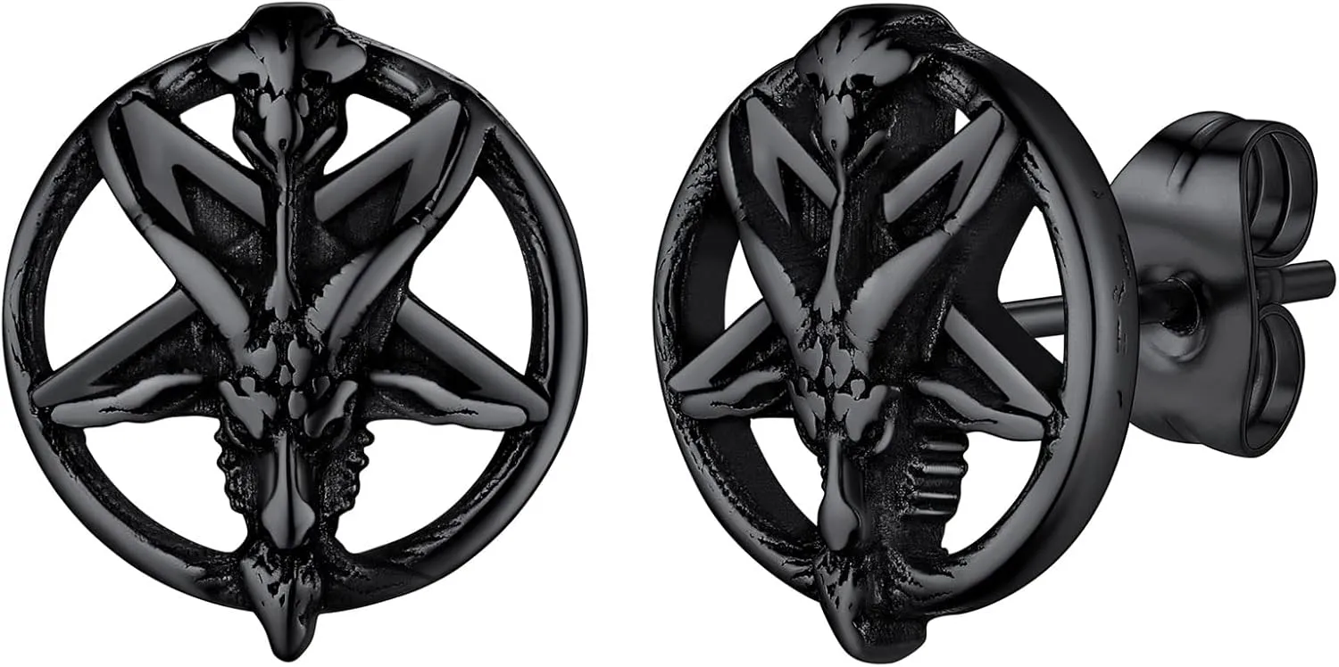 FaithHeart Black Satan Stud Earrings for Men Baphomet/Skull/Leviathan/Lucifer Earrings Stainless Steel Lightweight Earrings Gothic Punk Satanic Jewelry