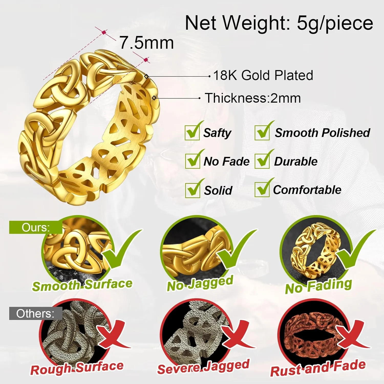 FaithHeart Celtic Knot Band Rings for Men Women, Stainless Steel/18K Gold Plated Viking Wedding Bands with Delicate Gift Packaging