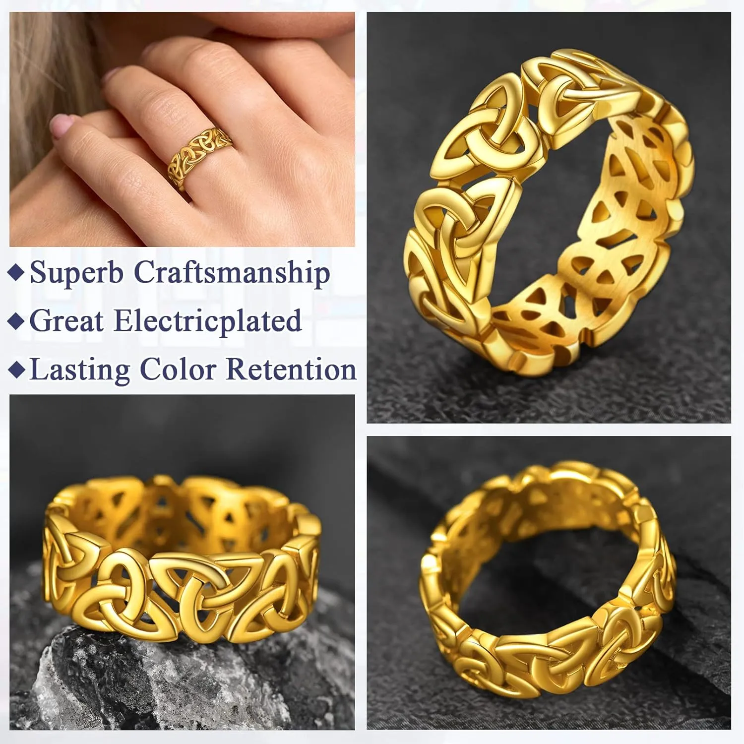 FaithHeart Celtic Knot Band Rings for Men Women, Stainless Steel/18K Gold Plated Viking Wedding Bands with Delicate Gift Packaging