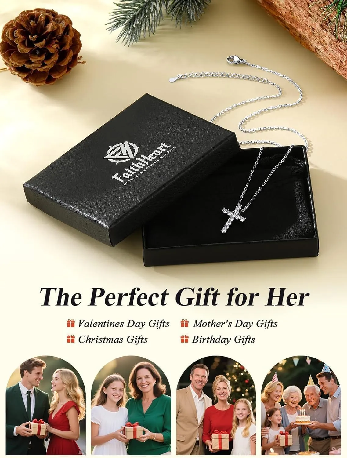 FaithHeart Dainty Silver Cross Necklace for Women with Message Card - Stainless Steel Christian Faith Pendant Necklaces Gifts for Mom Wife Daughter, Birthday Jewelry Gift for Her