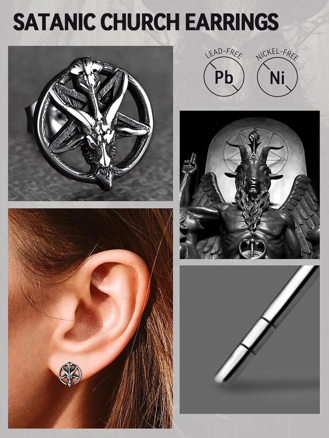 FaithHeart Silver Satan Stud Earrings for Men Baphomet/Skull/Leviathan/Lucifer Earrings Stainless Steel Lightweight Earrings Gothic Punk Satanic Jewelry