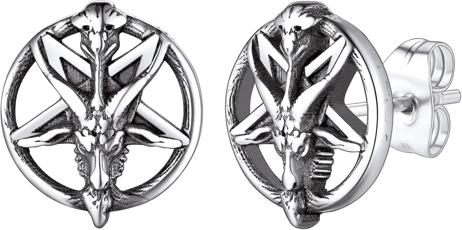 FaithHeart Silver Satan Stud Earrings for Men Baphomet/Skull/Leviathan/Lucifer Earrings Stainless Steel Lightweight Earrings Gothic Punk Satanic Jewelry
