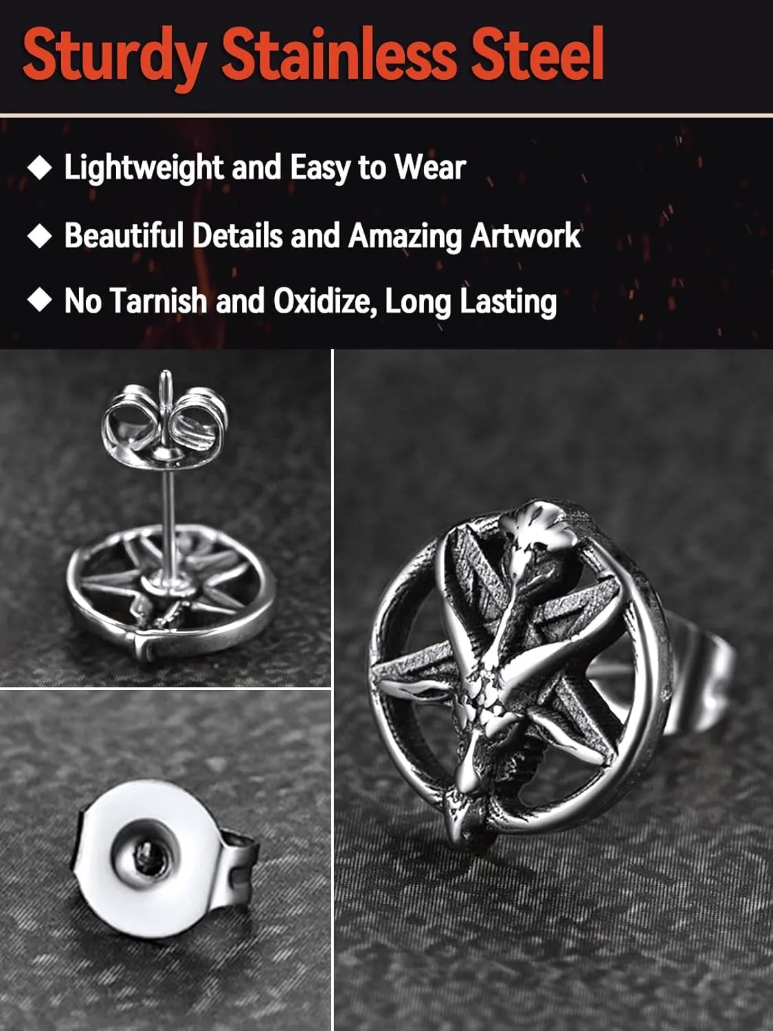 FaithHeart Silver Satan Stud Earrings for Men Baphomet/Skull/Leviathan/Lucifer Earrings Stainless Steel Lightweight Earrings Gothic Punk Satanic Jewelry